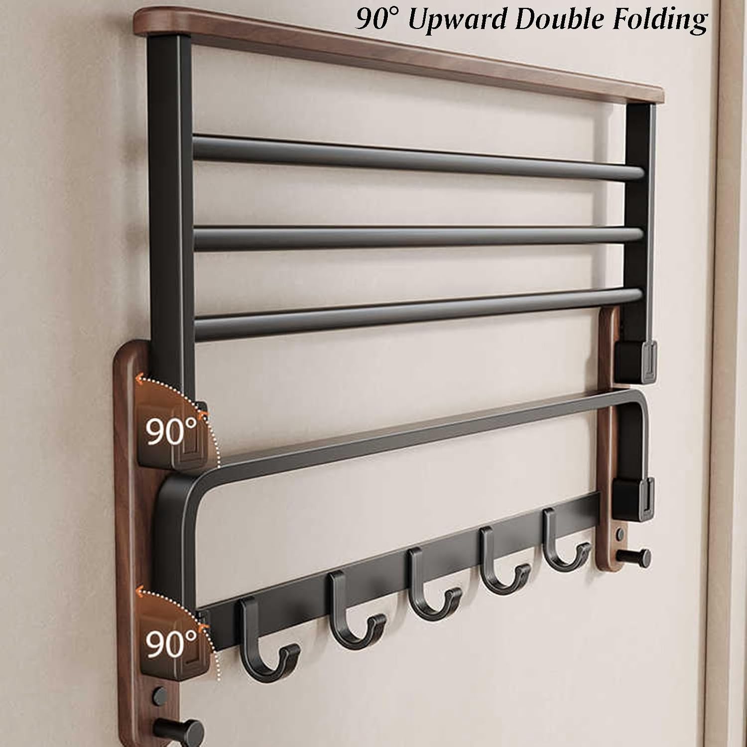Wall Mounted Towel Rack,Over Toilet Storage with Towel Bar,Space Aluminum+Wood,Double-Folding Design,for Livingroom Bathroom(L-60cm)