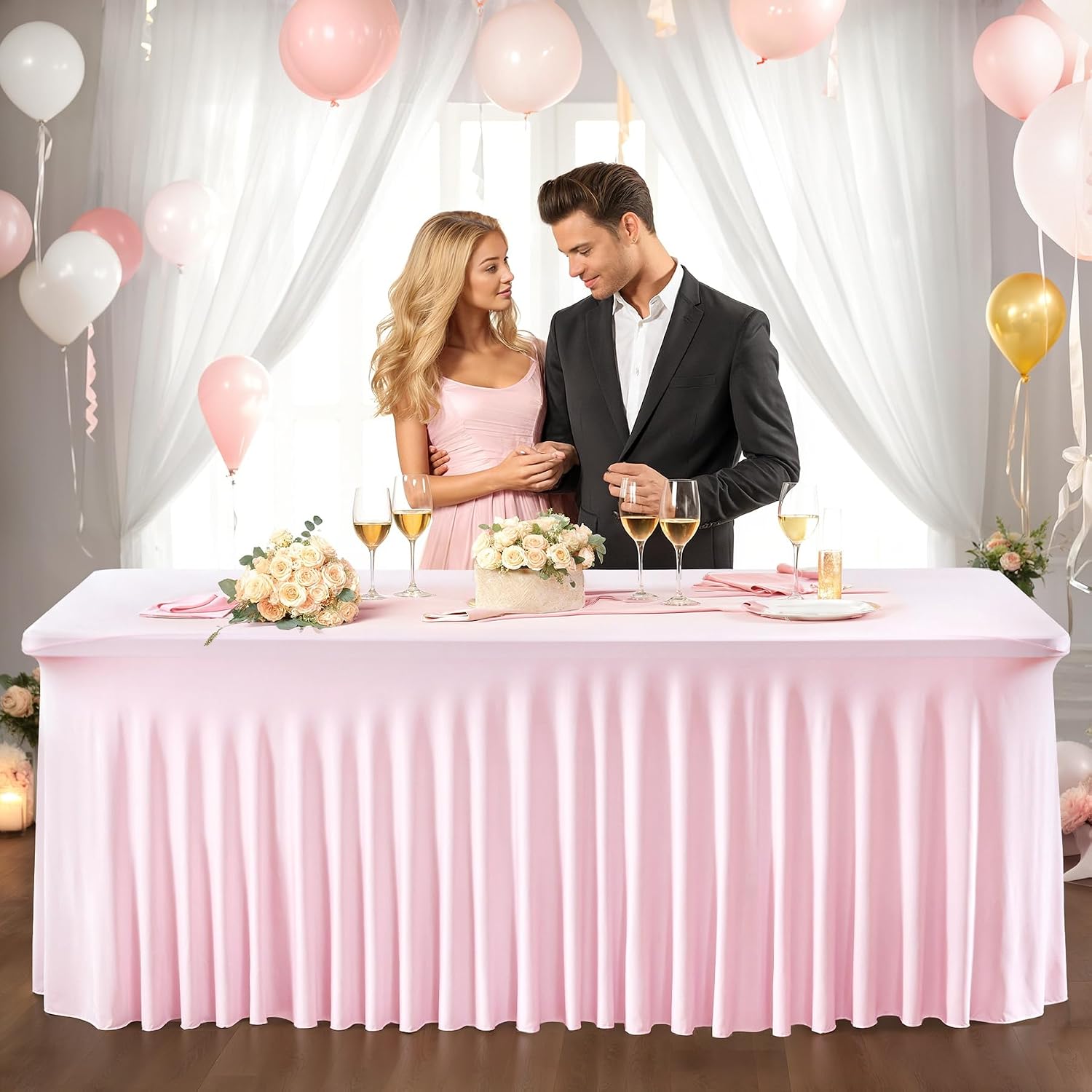 PARTISKY 6 Pack Pink Table Cover for Rectangle Tables 8ft,One-Piece Spandex Elastic Table Cloth with Skirt for Wedding Folding Table Banquet Baby Shower & Birthday Parties