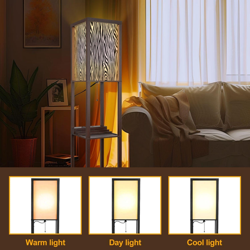 Floor Lamp with Shelves Zebra Print Pattern Standing Tall Lamp USB Ports & Power Outlet Modern Corner Lamp Nightstand Light for Living Room Bedroom