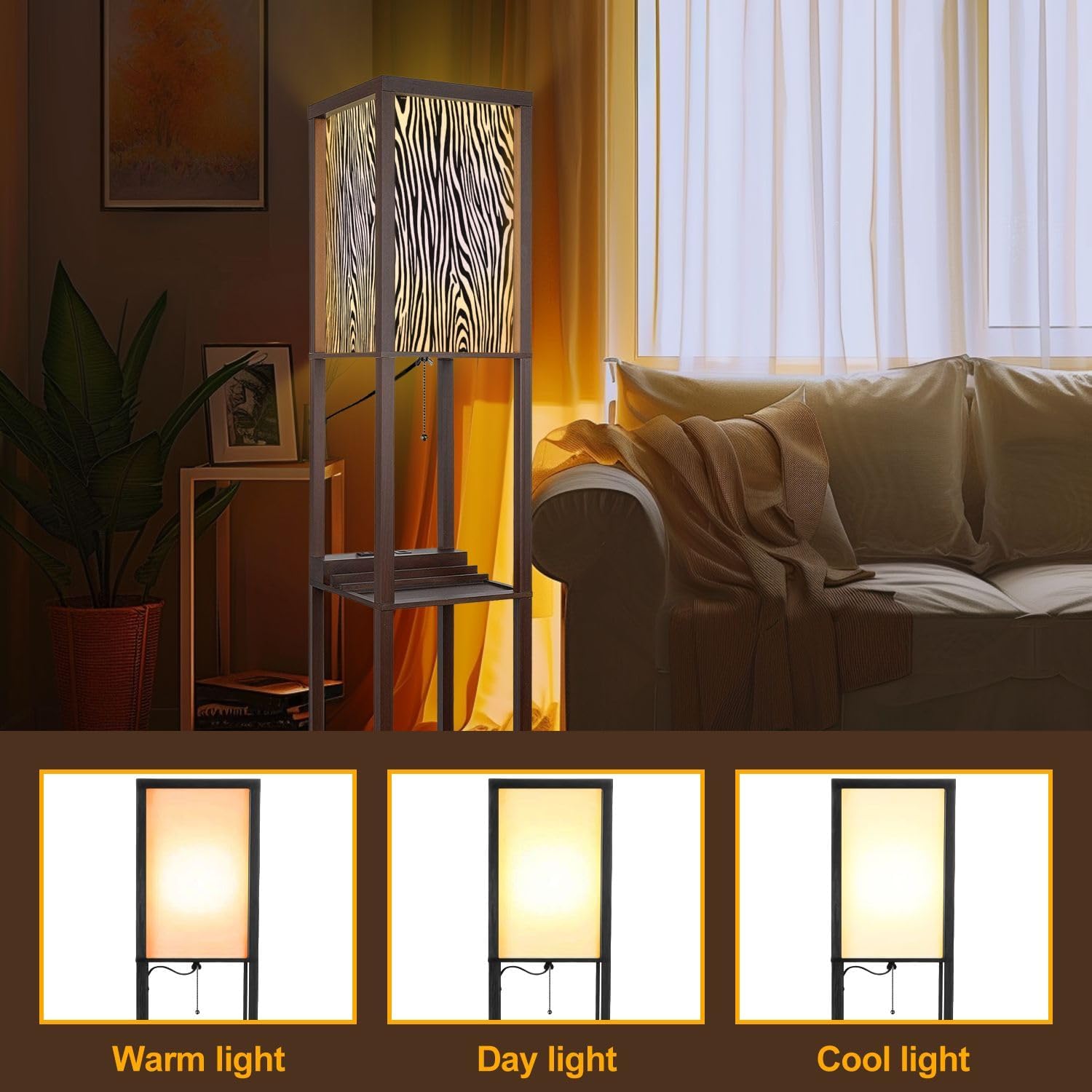 Floor Lamp with Shelves Zebra Print Pattern Standing Tall Lamp USB Ports & Power Outlet Modern Corner Lamp Nightstand Light for Living Room Bedroom
