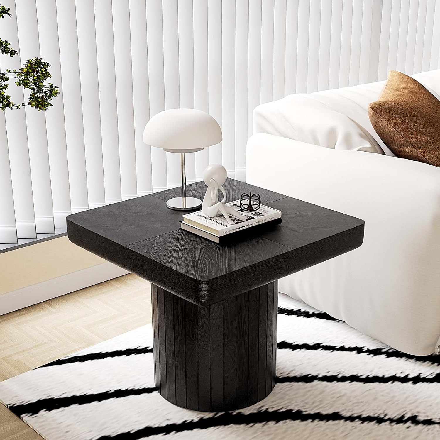Modern Square Nesting Coffee Table Set, 2-Piece Coffee Tables with Cylindrical & Fluted Pedestal, Minimalist Center Table & Side Table for Wabi-Sabi Decor for Living Room Apartment, Black