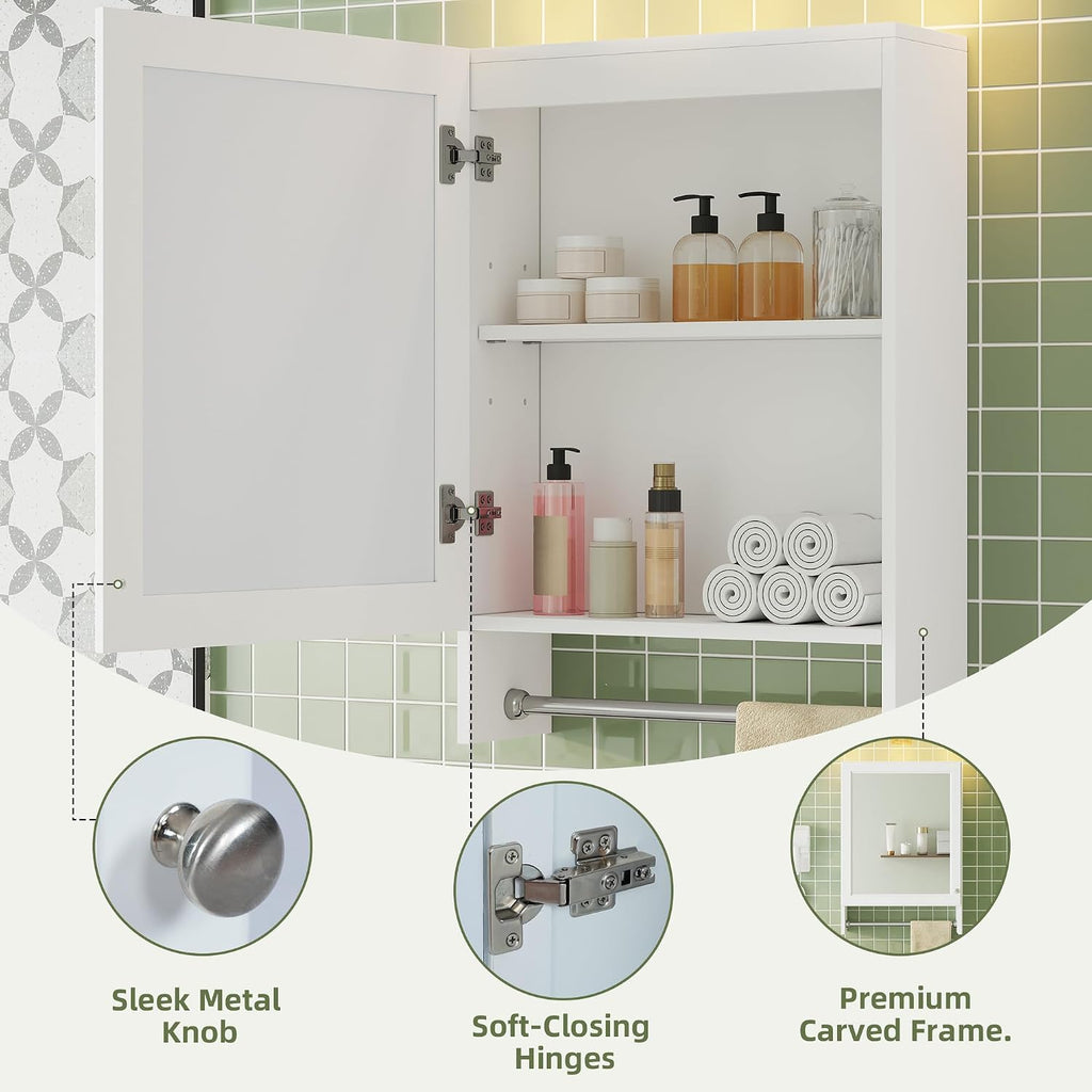 Wall Mounted Bathroom Mirror Cabinet with Soft-Close Door and Adjustable Shelf, 20' White Medicine Cabinet with HD Mirror and Towel Bar, MDF and Rubber Wood Construction for Bathroom Storage