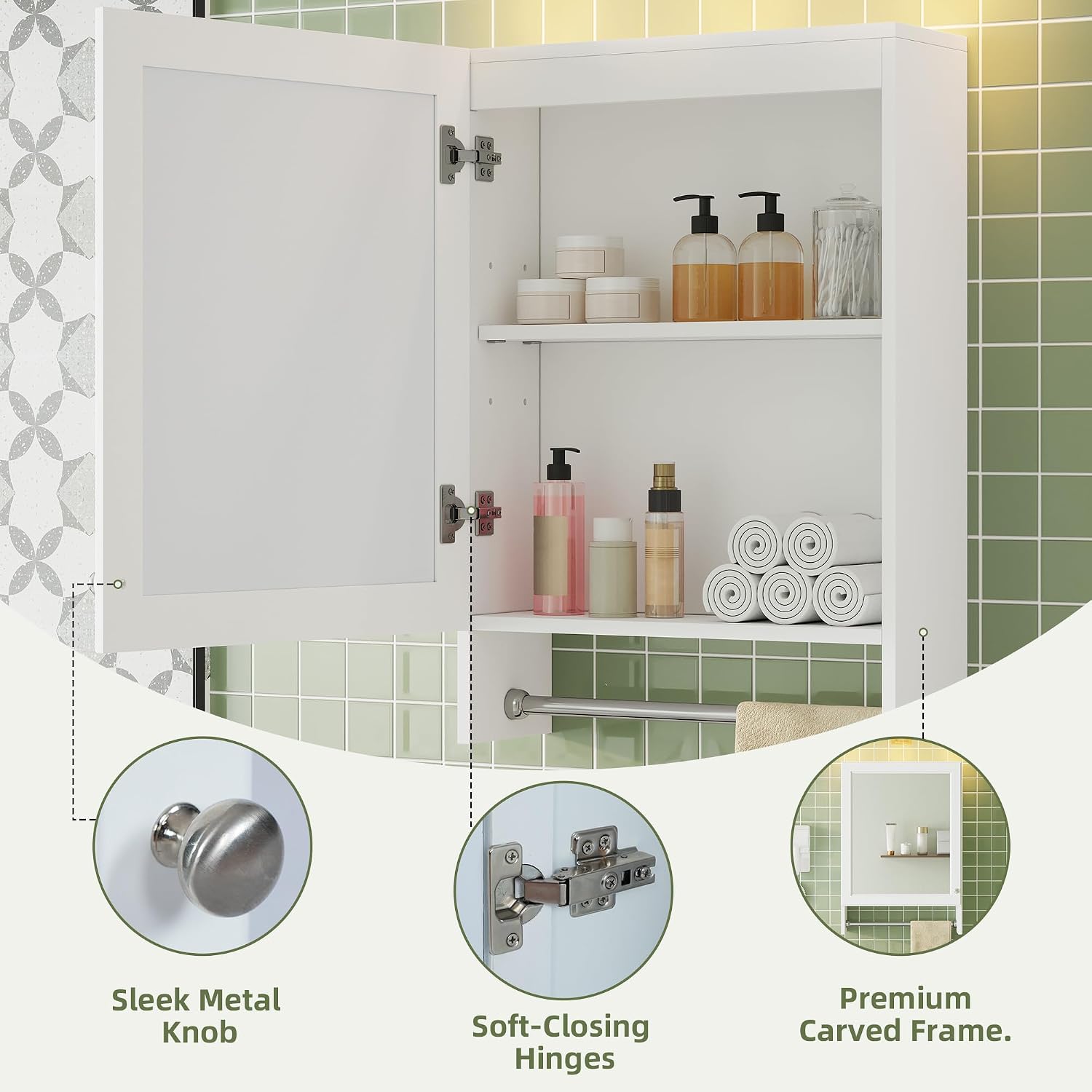 Wall Mounted Bathroom Mirror Cabinet with Soft-Close Door and Adjustable Shelf, 20' White Medicine Cabinet with HD Mirror and Towel Bar, MDF and Rubber Wood Construction for Bathroom Storage