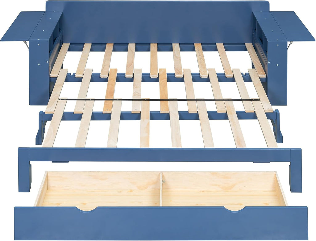 Wood Daybed Queen Size with Removable Desk and Extendable Armrests, 4-in-1 Multifunctional Design Daybed Sofa Bed with Storage Drawers & Hydraulic Side Table (Blue-11.27, Queen)