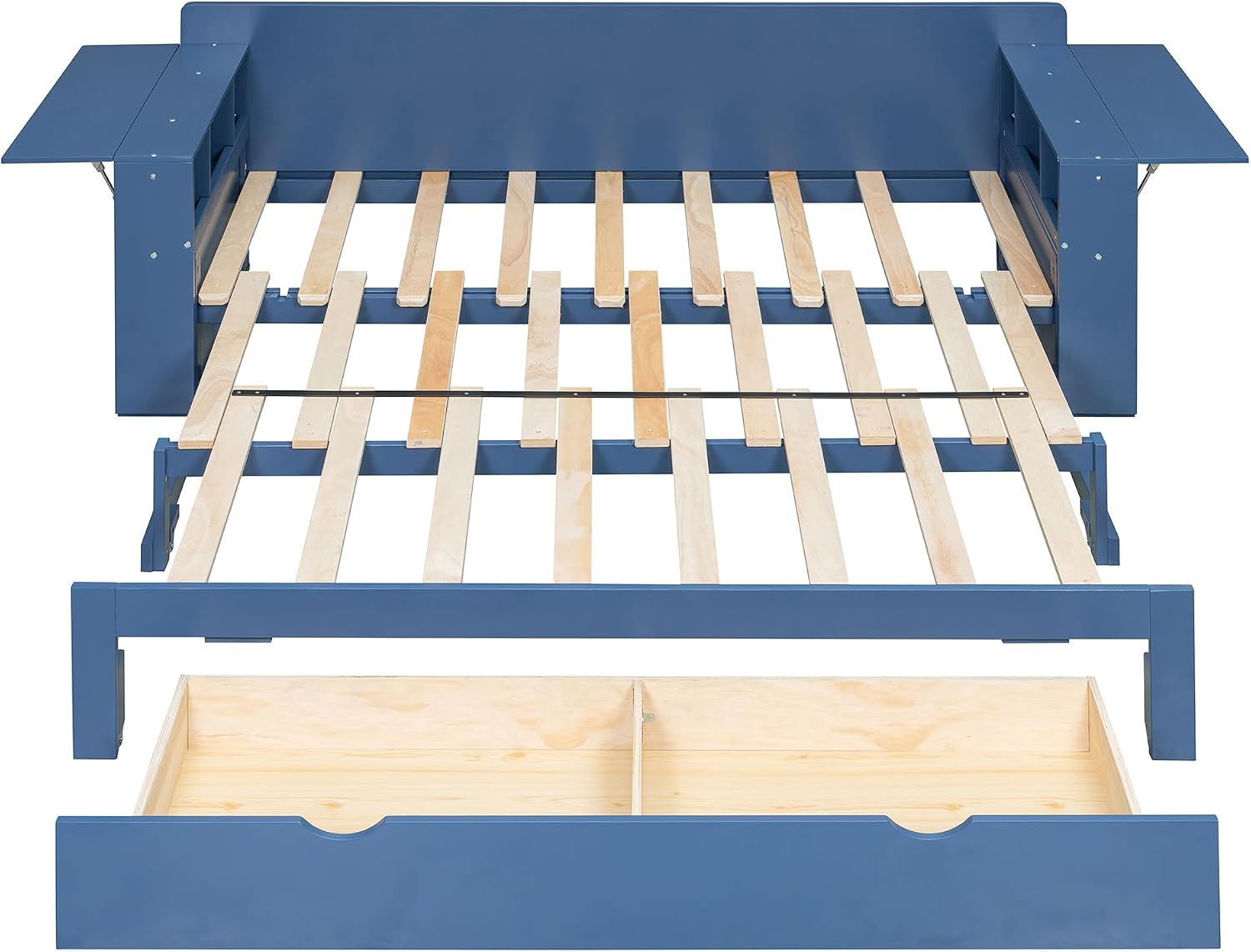 Wood Daybed Queen Size with Removable Desk and Extendable Armrests, 4-in-1 Multifunctional Design Daybed Sofa Bed with Storage Drawers & Hydraulic Side Table (Blue-11.27, Queen)