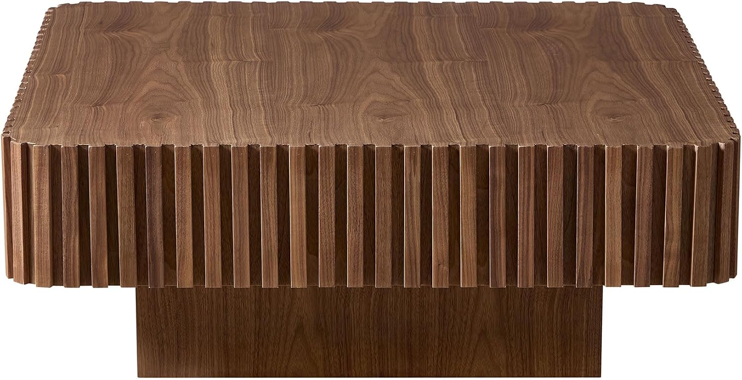 KEIKI 35' Handcraft Drum Square Wooden Coffee Table with Sturdy MDF Pedestal, Modern Style Solid Wood Relief Coffee Table, Easy Assembly, for Living Room, Bedroom, Reception Room, Walnut