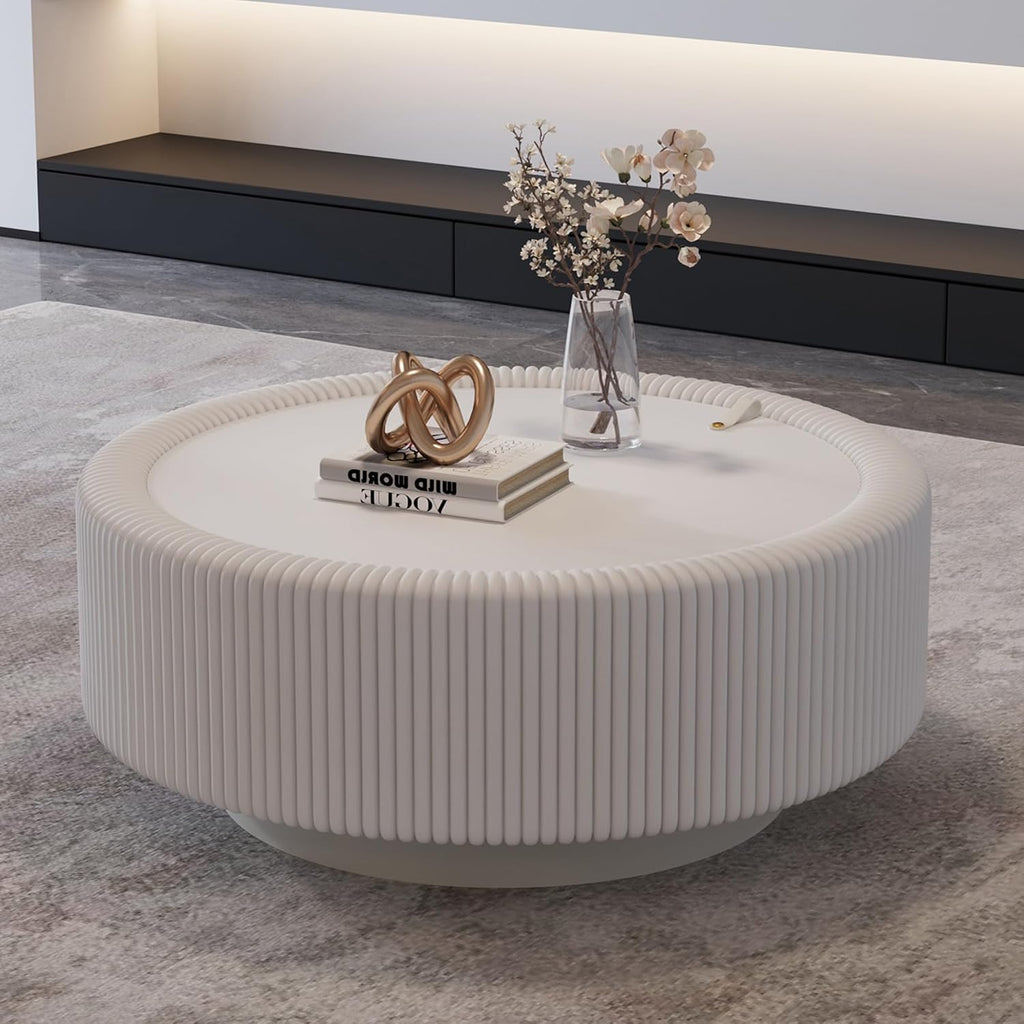31.5'' Round Coffee Table with Storage, Modern Circle Fluted Drum Pedestal Coffee Table for Living Room, Tempered Glass Moveable Lid & PU Leather Body & Baked Enamel Leg, White