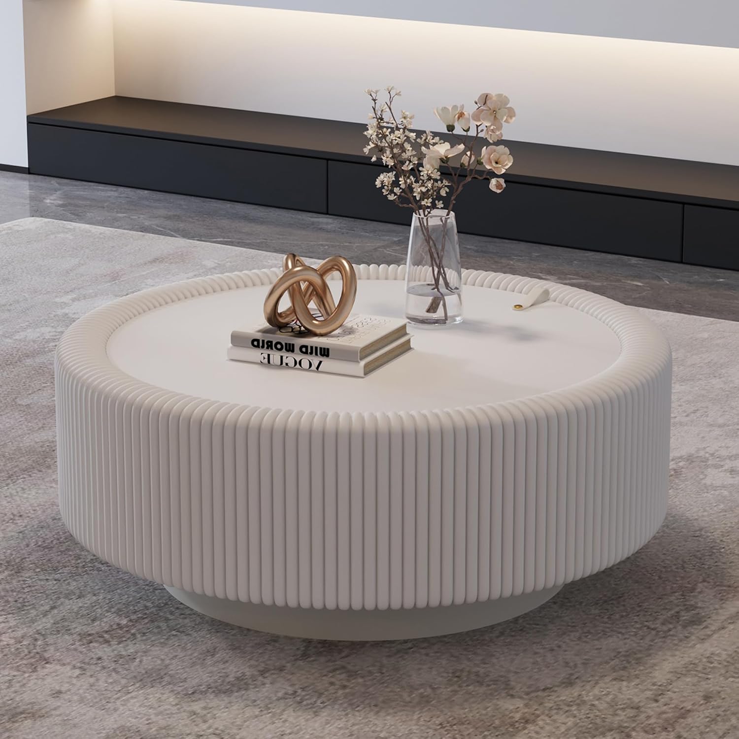 31.5'' Round Coffee Table with Storage, Modern Circle Fluted Drum Pedestal Coffee Table for Living Room, Tempered Glass Moveable Lid & PU Leather Body & Baked Enamel Leg, White