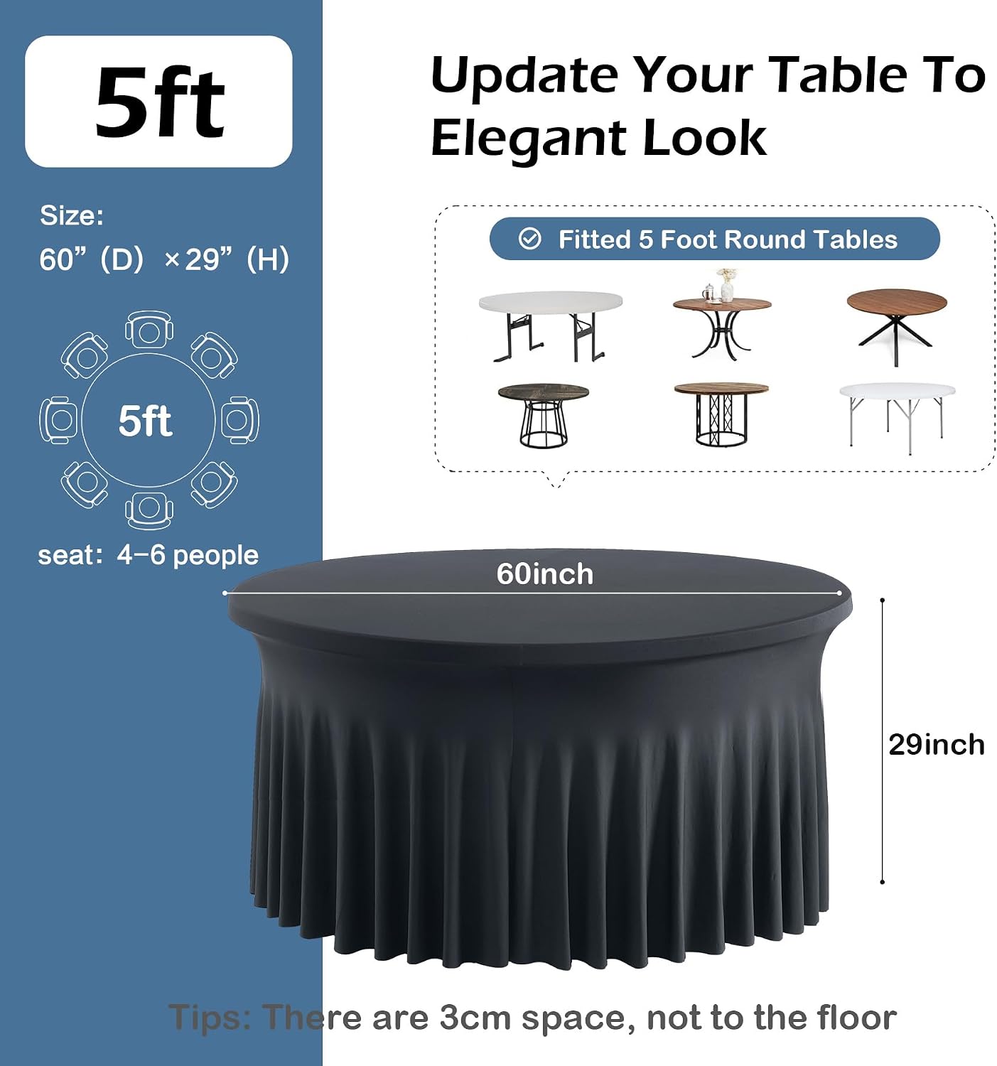 8 pk Black Spandex Round Tablecloths 60 inch with Ruffled Skirt, Wrinkle Free High-Stretch 120 inch Table Cloth Fitted 5ft Round Elastic Spandex Table Covers for Party Graduation Banquet Dinning