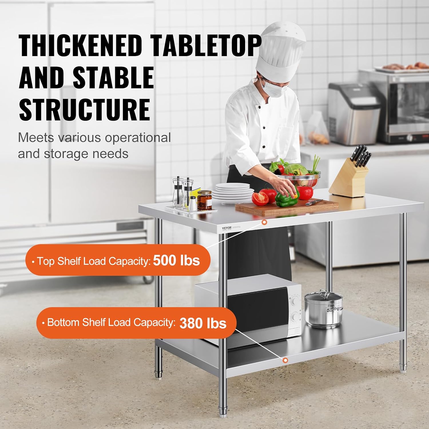 VEVOR Stainless Steel Prep Table, 30 x 48 x 34 Inch, 880 lbs Load Capacity, Heavy Duty Metal Worktable with 3 Adjustable Height Levels, Commercial Workstation for Kitchen Garage Restaurant Backyard