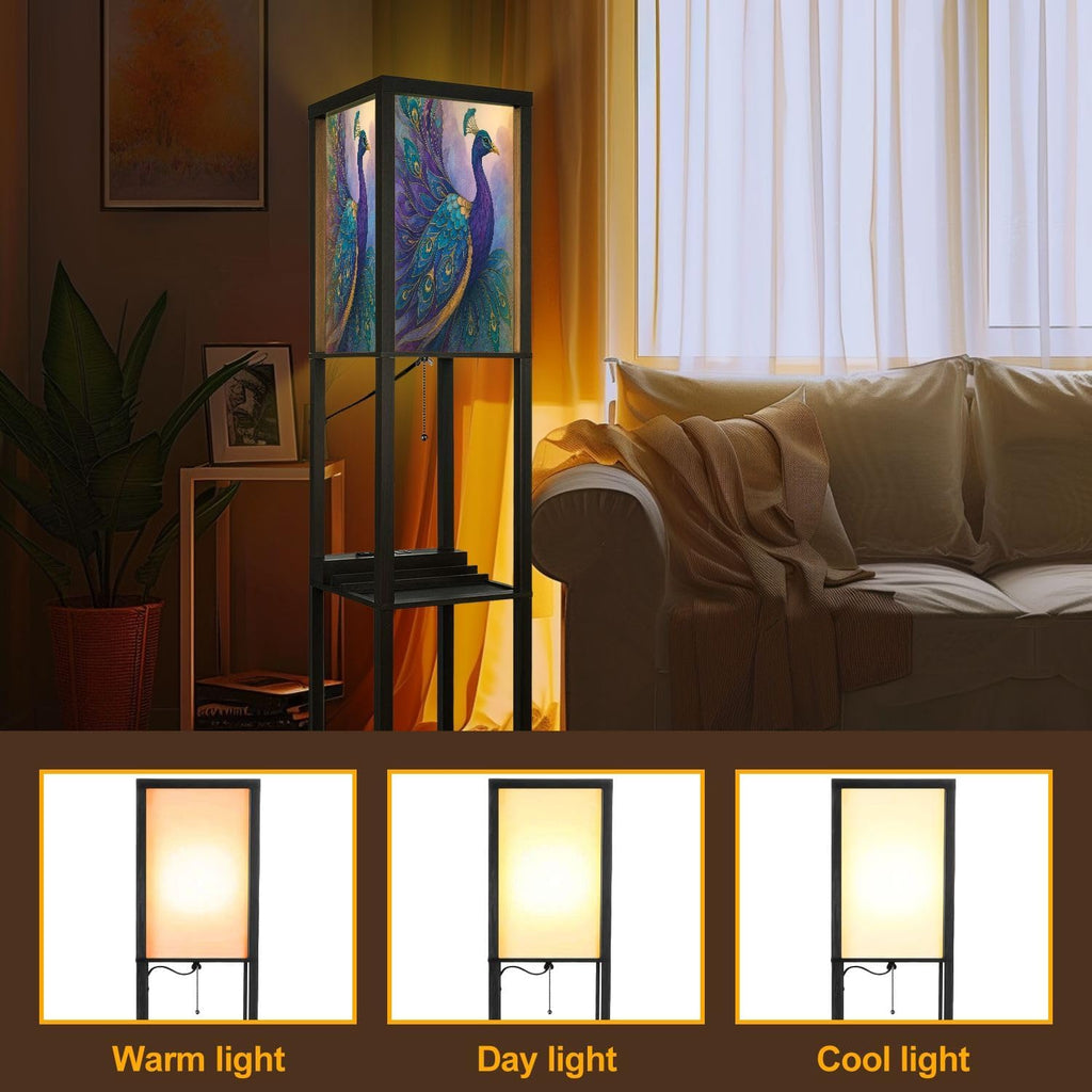 Floor Lamp with Shelves Modern Stained Glass Peacock Art Teal Gold Feathers Standing Tall Lamp USB Ports & Power Outlet Modern Corner Lamp Nightstand Light for Living Room Bedroom