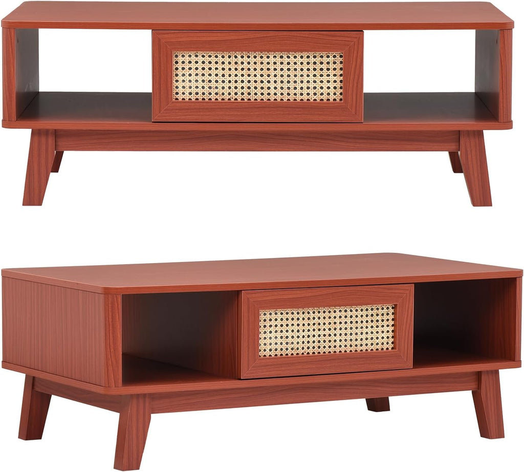 Farini Mid Century Modern Square Coffee Table with Rattan Drawer and Solid Wood Legs, Storage Living Room Table for Home,Office,Cherry