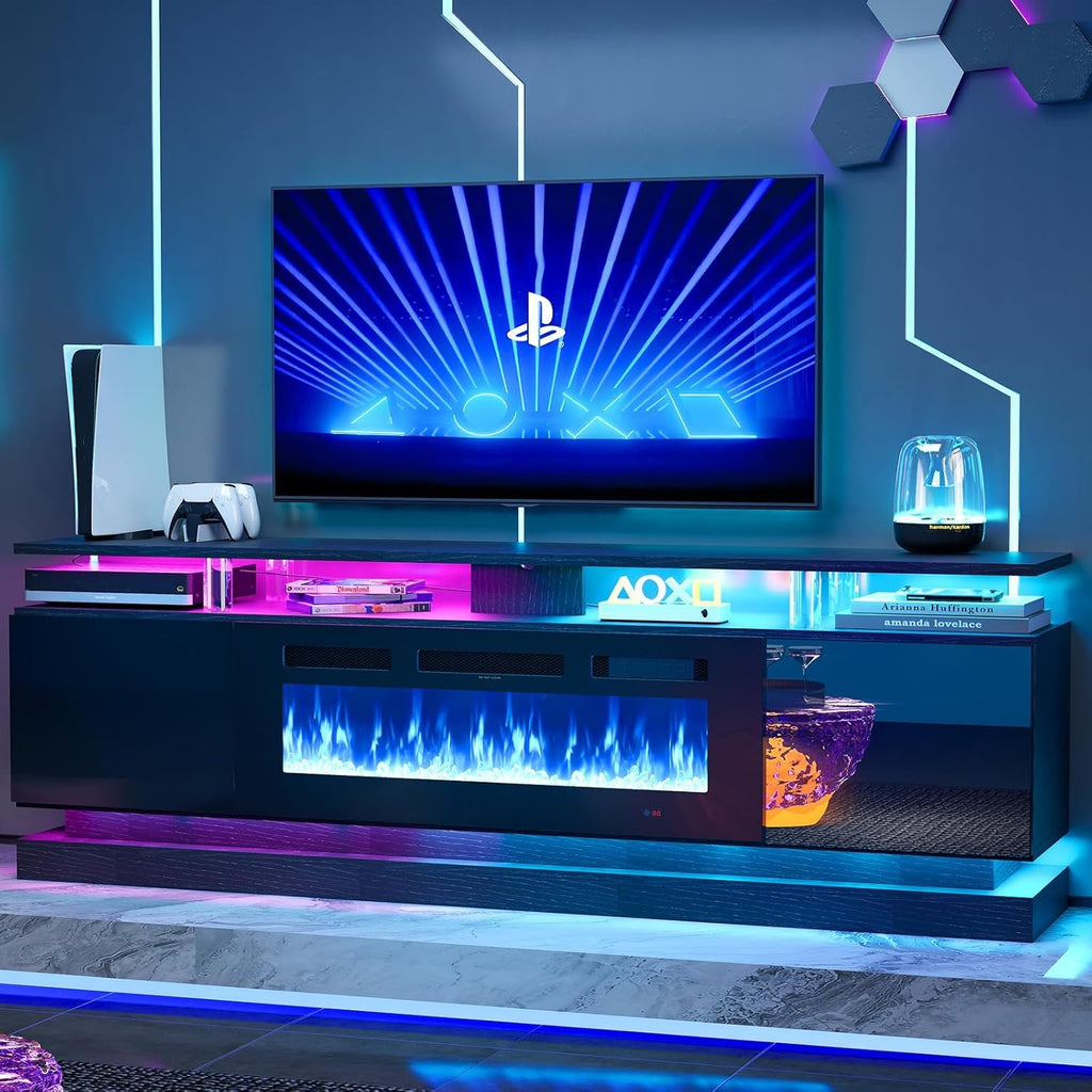 2-Piece Modern Living Room Table Set, Includes High Gloss 70' Fireplace TV Stand and 39' Modern High-Glossy LED Coffee Table with 2 Sliding Drawers, Black