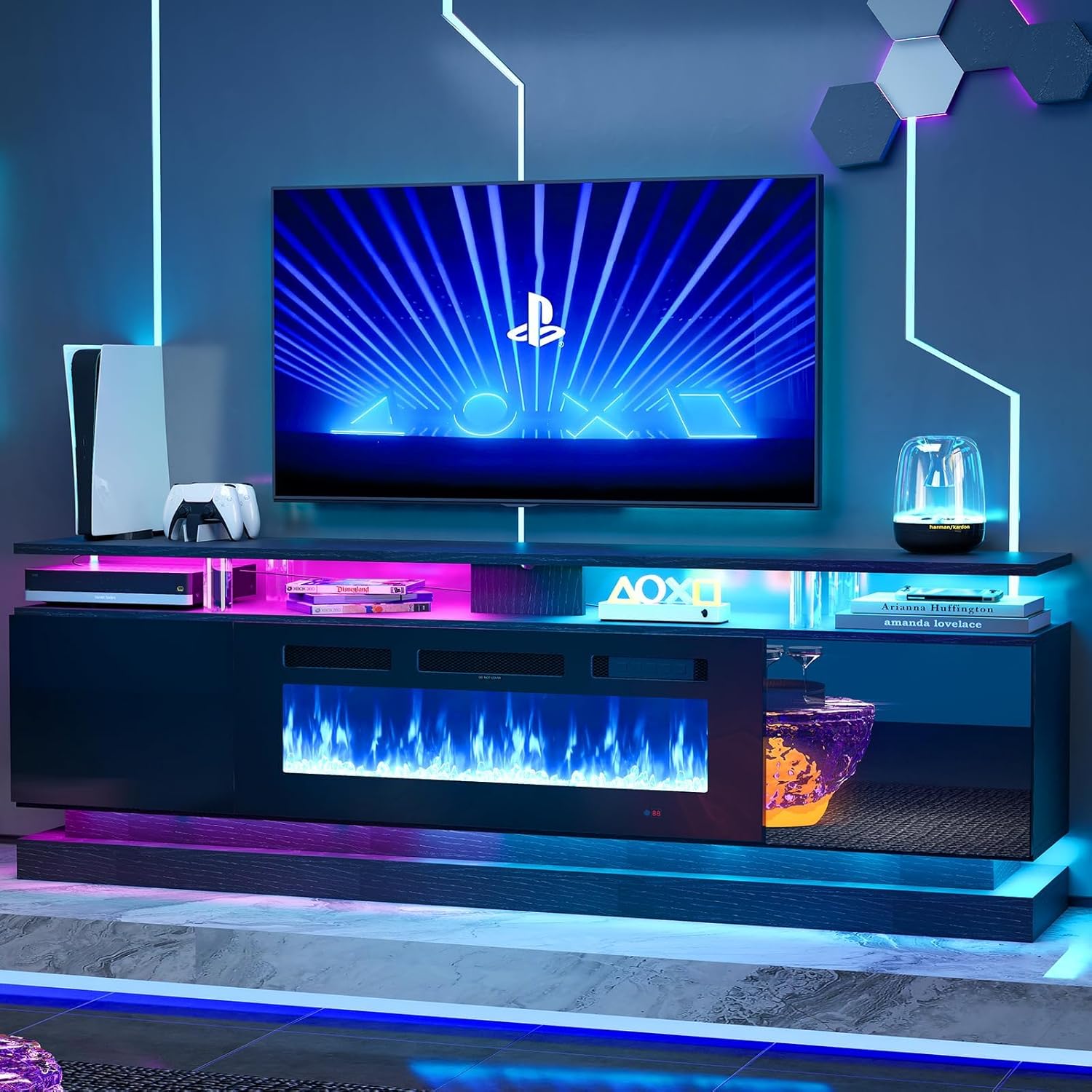 2-Piece Modern Living Room Table Set, Includes High Gloss 70' Fireplace TV Stand and 39' Modern High-Glossy LED Coffee Table with 2 Sliding Drawers, Black