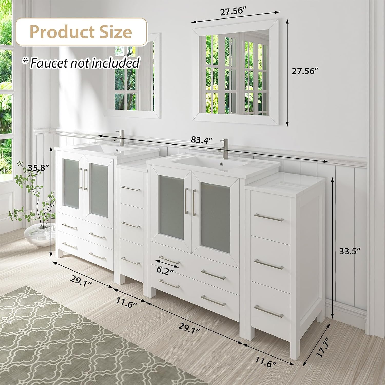 Vanity Art 84 Inch Under Mount Double Sink Bathroom Vanity Cabinet with 2 Mirrors, Ceramic Top Bathroom Cabinet Compact Set with 10 Dovetail Storage Drawers and Brushed Nickel Handles, VA3030-84-W