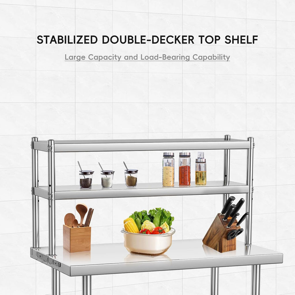 Garvee 36x24 in NSF Stainless Steel Prep Table with Adjustable Overshelves & Hooks – Commercial Kitchen Island for Restaurant, Home & Hotel, Heavy-Duty Workbench with Rust-Resistant Coating