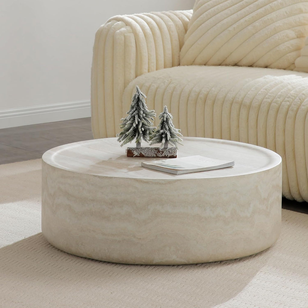 31.49' Faux Marble Coffee Table for Living Room, Travertine Stone Pattern Modern Drum Circle Round Center Table for Living Room, Apartment, Office, Fiberglass, No Assembly, Beige