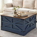 Blue Coffee Table with Storage, Cocktail Table with Hinged Lift Top, Farmhouse Square Wood Center Table with Large Hidden Storage Compartment for Living Room, Square Coffee Table, Metal Edges Decor