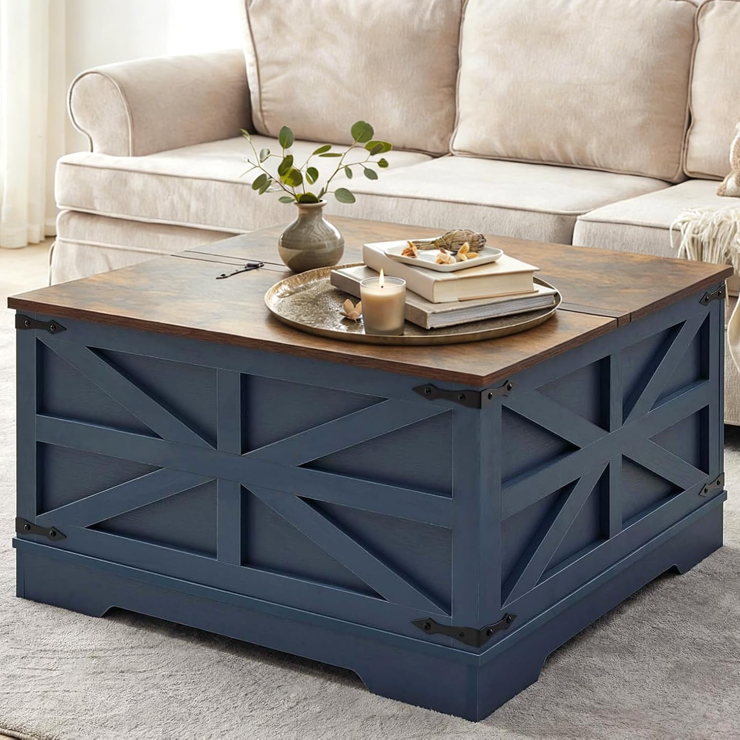 Blue Coffee Table with Storage, Cocktail Table with Hinged Lift Top, Farmhouse Square Wood Center Table with Large Hidden Storage Compartment for Living Room, Square Coffee Table, Metal Edges Decor