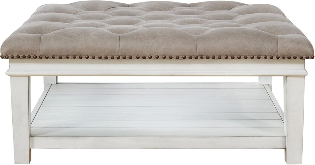 Signature Design by Ashley Kanwyn French Country Upholstered Square Ottoman Coffee Table, Whitewash