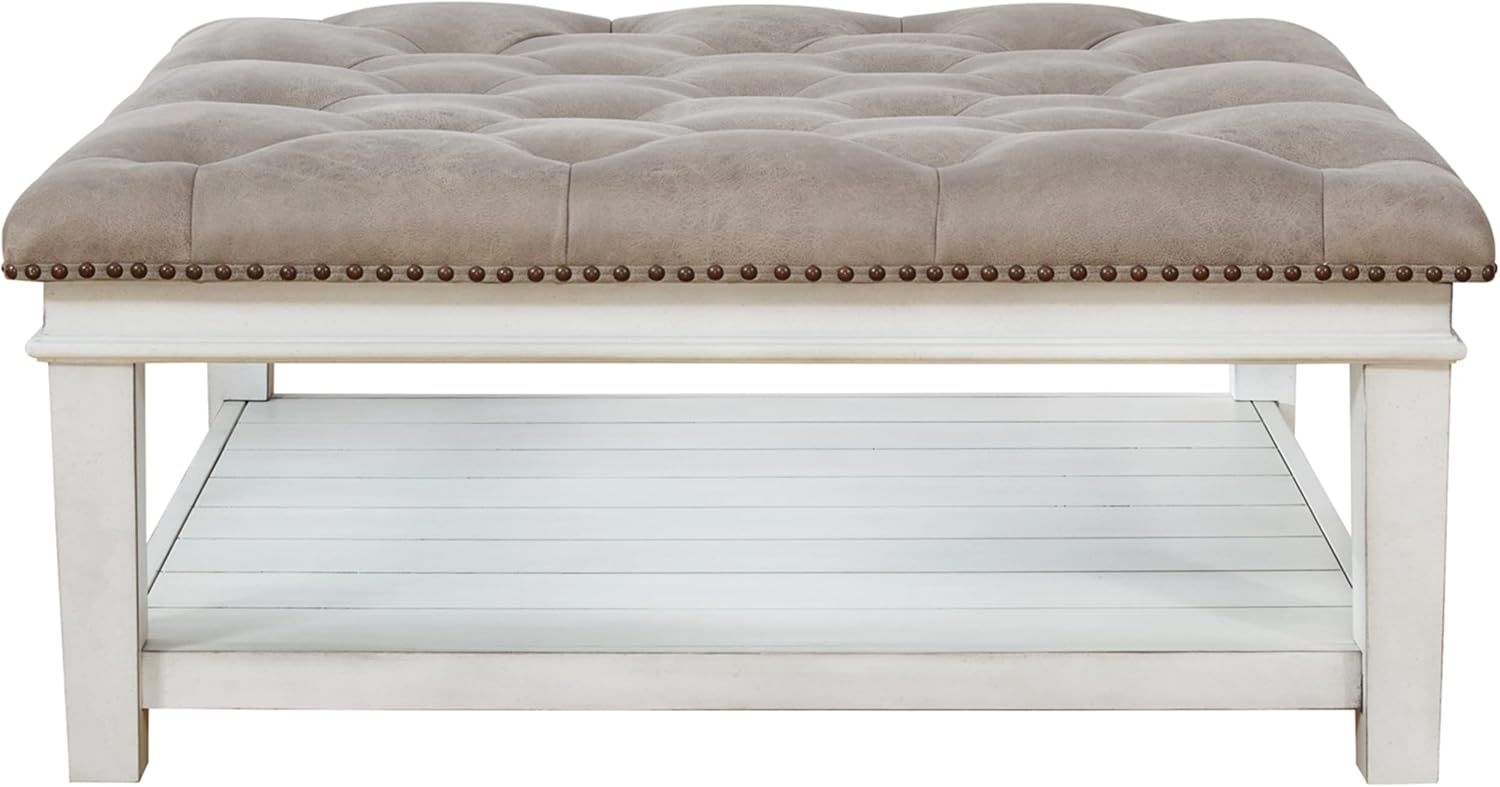 Signature Design by Ashley Kanwyn French Country Upholstered Square Ottoman Coffee Table, Whitewash