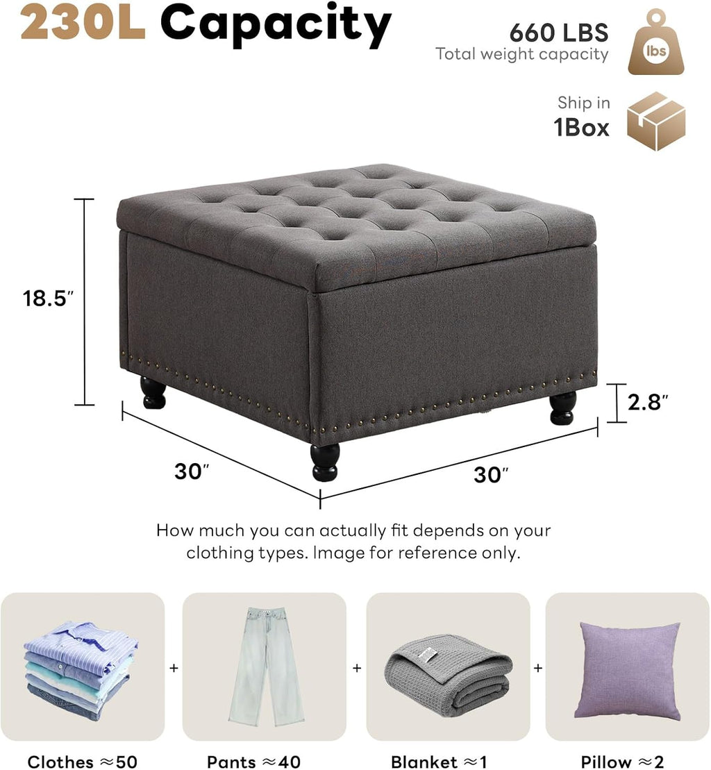 Tbfit 30' Large Square Ottoman Coffee Table with Storage, Oversized Tufted Upholstered Ottomans Bench with Solid Wood Legs for Living Room, Dorm, Linen Foot Stool for Couch Sofa Toy Box, Gray