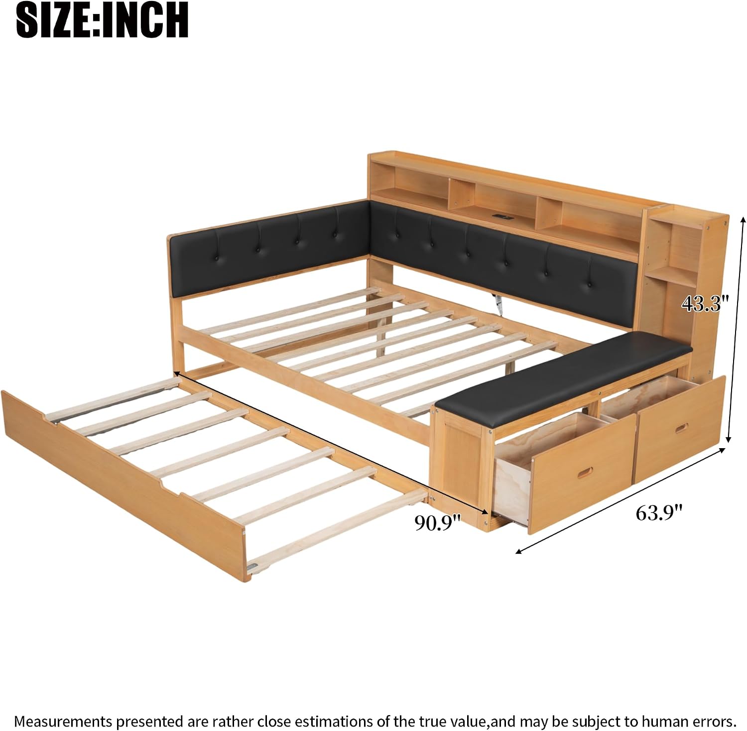 SOFTSEA Full Size Daybed with Trundle & Storage Drawers, Wood L-Shaped Daybed Corner Bed with Upholstered Headboard, Bench, 2 Drawers, Bookcase & USB Ports for Boys Girls Kids Adults, Natural Black