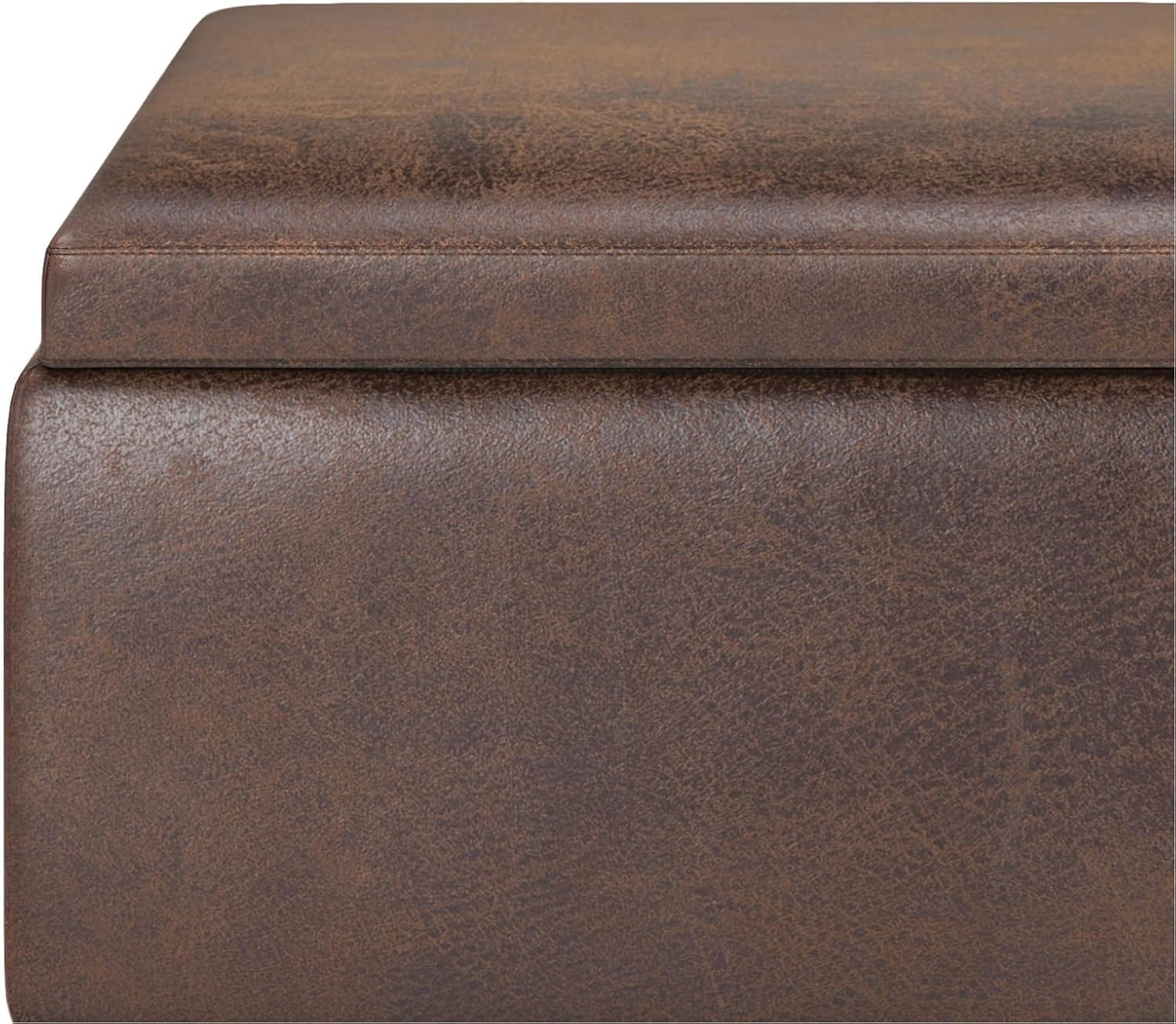 SIMPLIHOME Owen Tray Top Small Coffee Table Storage Ottoman - 34 inch Wide Upholstered Vegan Leather Rectangular Flip-Top Ottoman in Distressed Chestnut Brown, Mid-Century Ottoman for Living Room