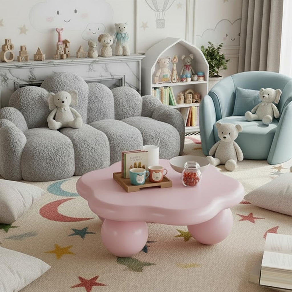 35.03' Cloud Coffee Table for Living Room Unique Coffee Table Modern Low Coffee Tables Cute Center Table with 3 Ball Legs for Small Space Apartment Cream Flower-Pink