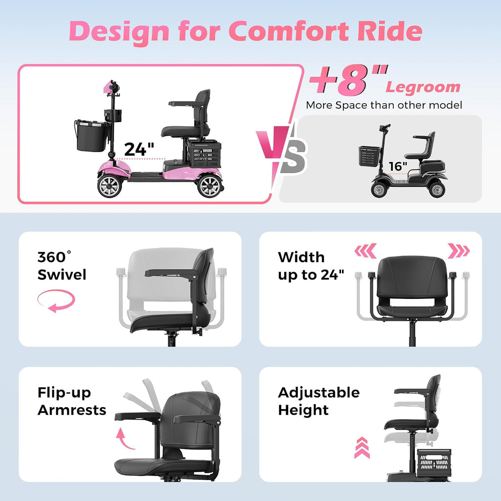 Mobility Scooter for Adults & Seniors with Removable Battery, Cruise & Airport Approved, Foldable Motorized Scooters with Dual Basket, Phone & Cup Holder, Pink