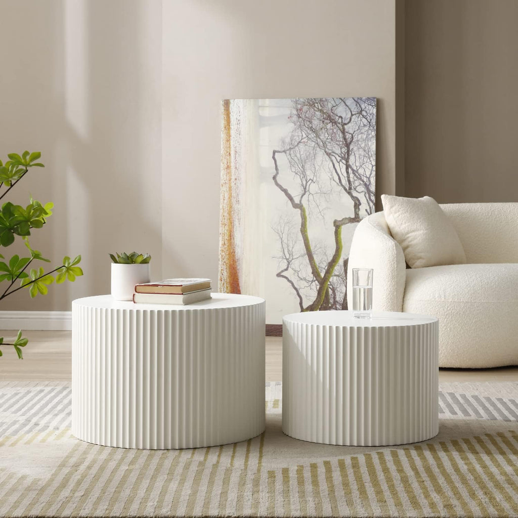 JUSTONE 2-Piece Nesting Coffee Tables Set - Modern Drum End Tables for Small Spaces, White Round Accent Furniture for Living Room & Apartments (15.75' H)