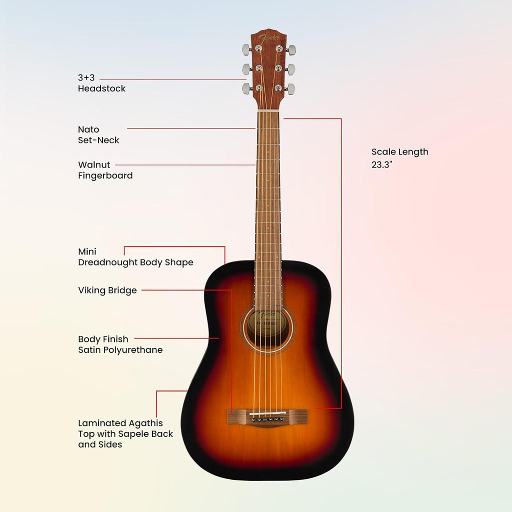 Fender California Standard Redondo Mini Acoustic Guitar - 3-Color Sunburst Bundle with Gig Bag, Tuner, Strap, Picks, and Austin Bazaar Instructional DVD