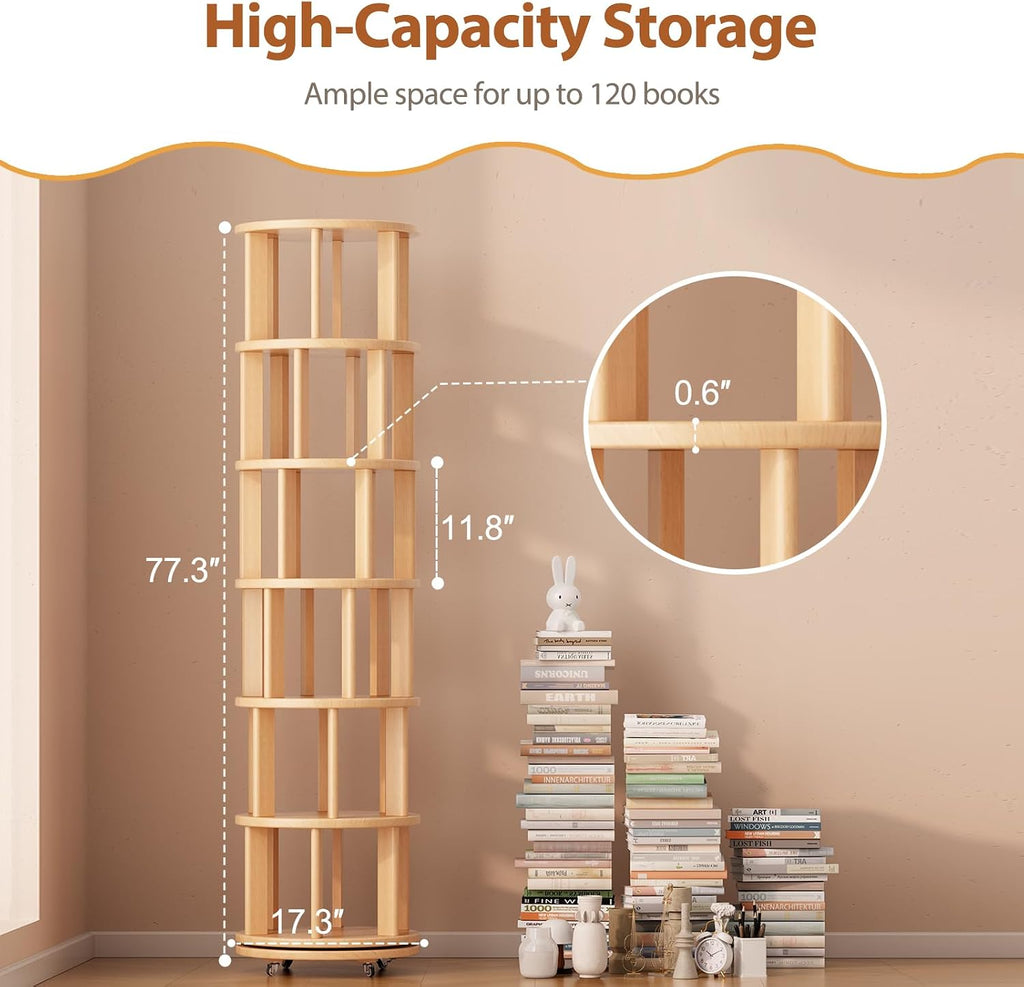 Muwuele Solid Wood Rotating Bookshelf on Wheels, 6 Tier, Round Revolving Bookcase, 360° Spinning Book Shelf Tower for Kids, Narrow Rolling Bookshelves for Small Space, Corner, Bedroom, Office, Natural
