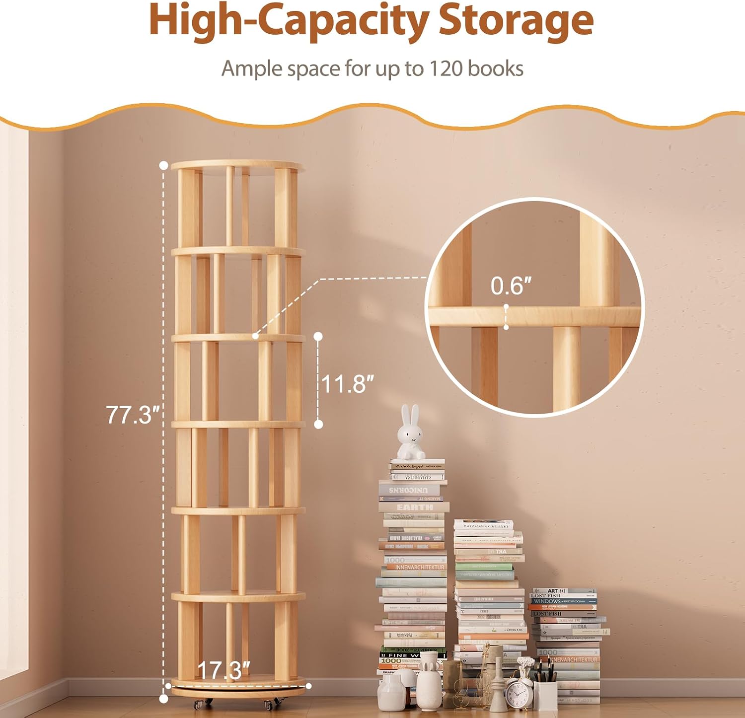 Muwuele Solid Wood Rotating Bookshelf on Wheels, 6 Tier, Round Revolving Bookcase, 360° Spinning Book Shelf Tower for Kids, Narrow Rolling Bookshelves for Small Space, Corner, Bedroom, Office, Natural