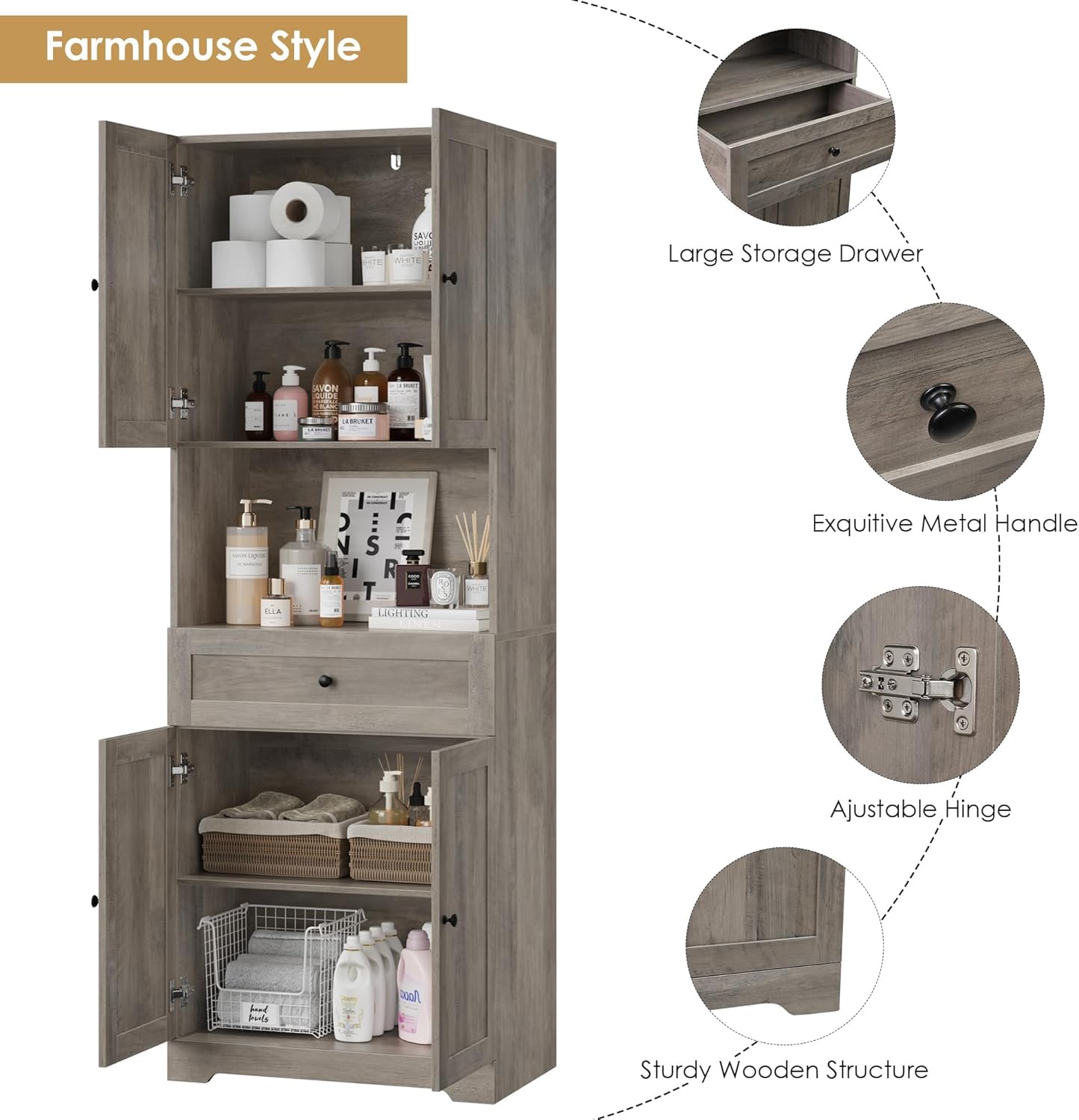 Tall Bathroom Storage Cabinets with Drawer, Farmhouse Linen Cabinet with Doors & Shelves, 67' Tall Storage Cabinet Freestanding for Bathroom, Dining Room, Kitchen, Pantry, Laundry, Narrow Corner,Brown