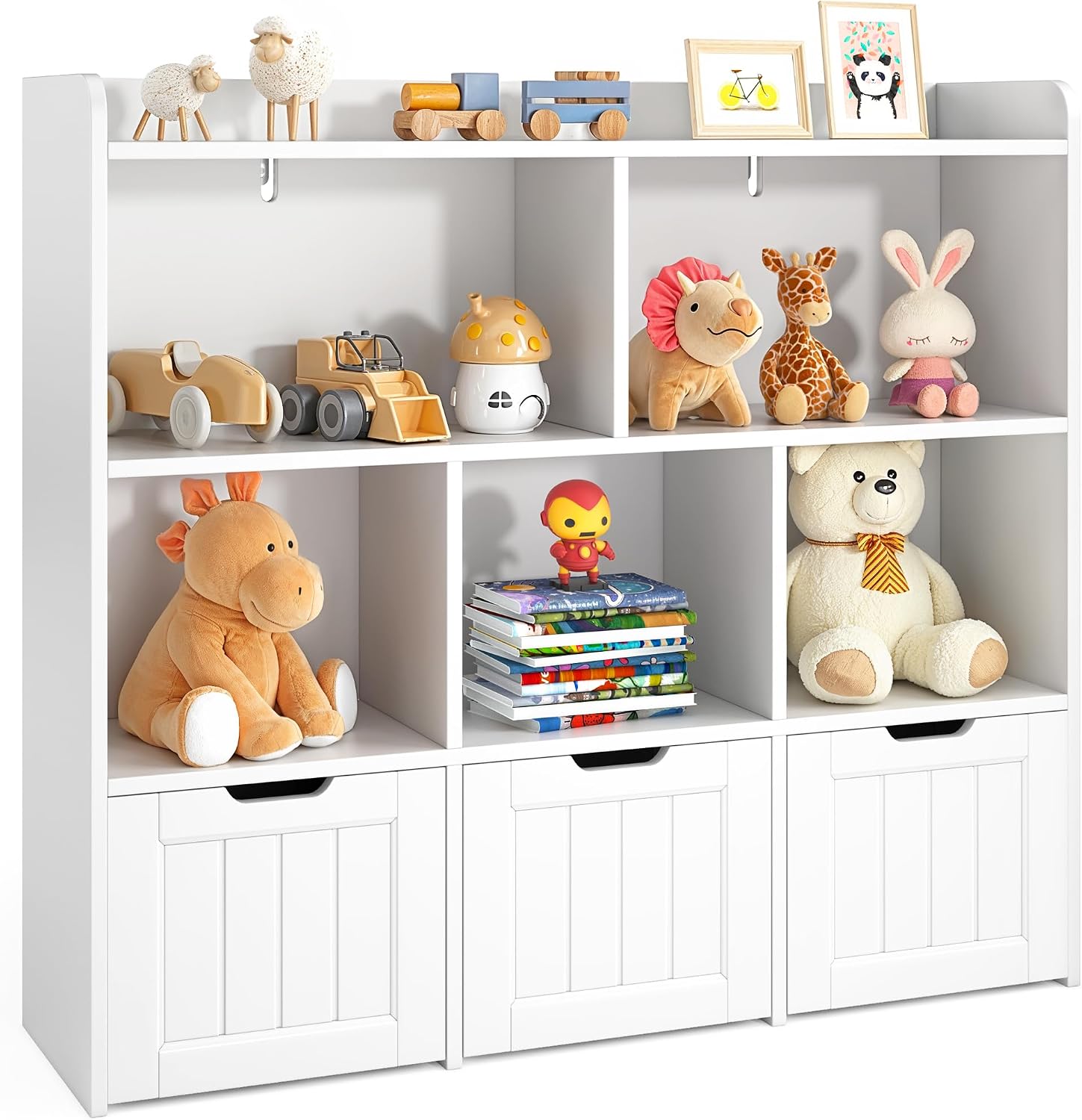 Gizoon Toy Storage Organizer with 3 Movable Drawers and 6 Open Shelves Kids Bookshelf Featuring Fall Prevention Barrier for Playroom Nursery Kids Room Organization, White, Painted