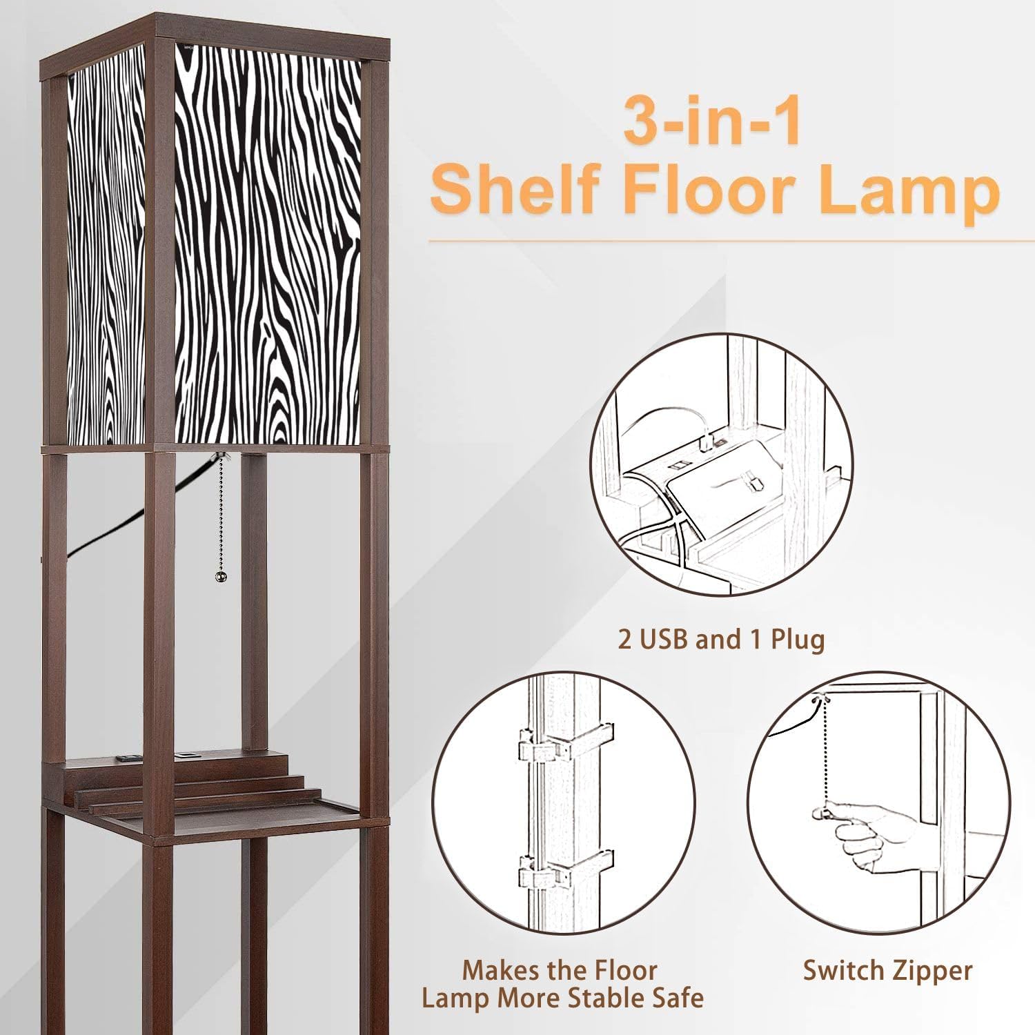 Floor Lamp with Shelves Zebra Print Pattern Standing Tall Lamp USB Ports & Power Outlet Modern Corner Lamp Nightstand Light for Living Room Bedroom