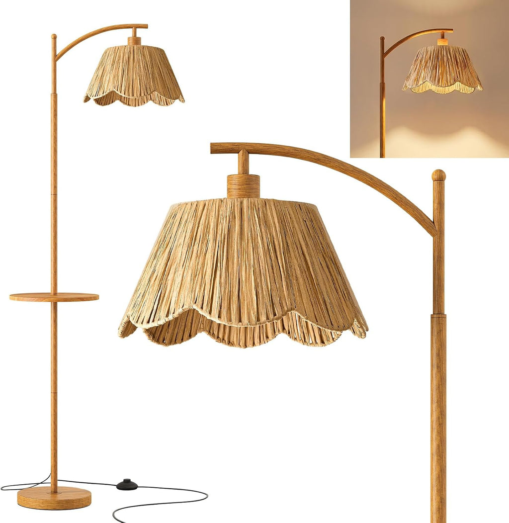 Oneach 63.5' Floor Lamp with Table for Living Room, Boho Rattan Standing Lamps with Foot Switch, Farmhouse Floor Lamp for Bedroom, Arc Tall Lamp with Metal Base&Pole, Bulb not Included, Woodgrain