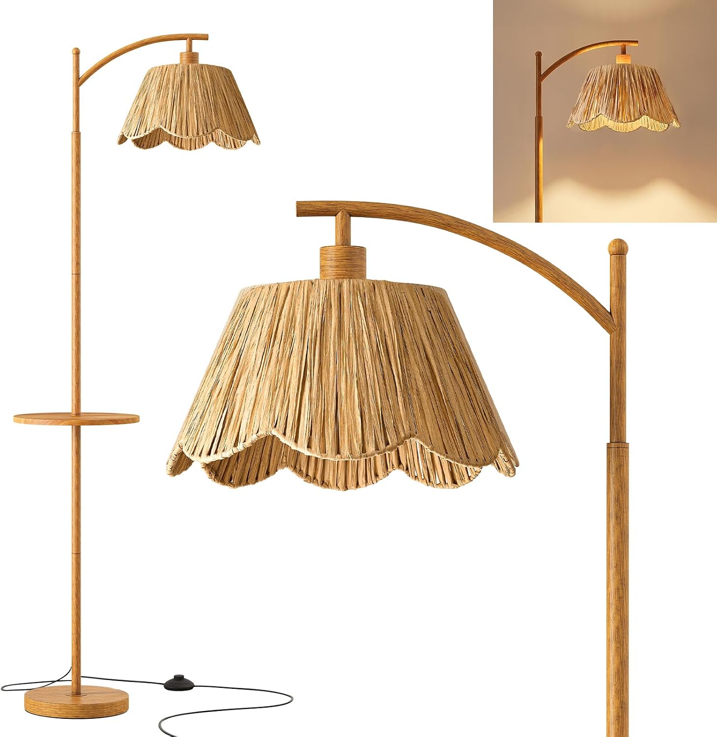 Oneach 63.5' Floor Lamp with Table for Living Room, Boho Rattan Standing Lamps with Foot Switch, Farmhouse Floor Lamp for Bedroom, Arc Tall Lamp with Metal Base&Pole, Bulb not Included, Woodgrain