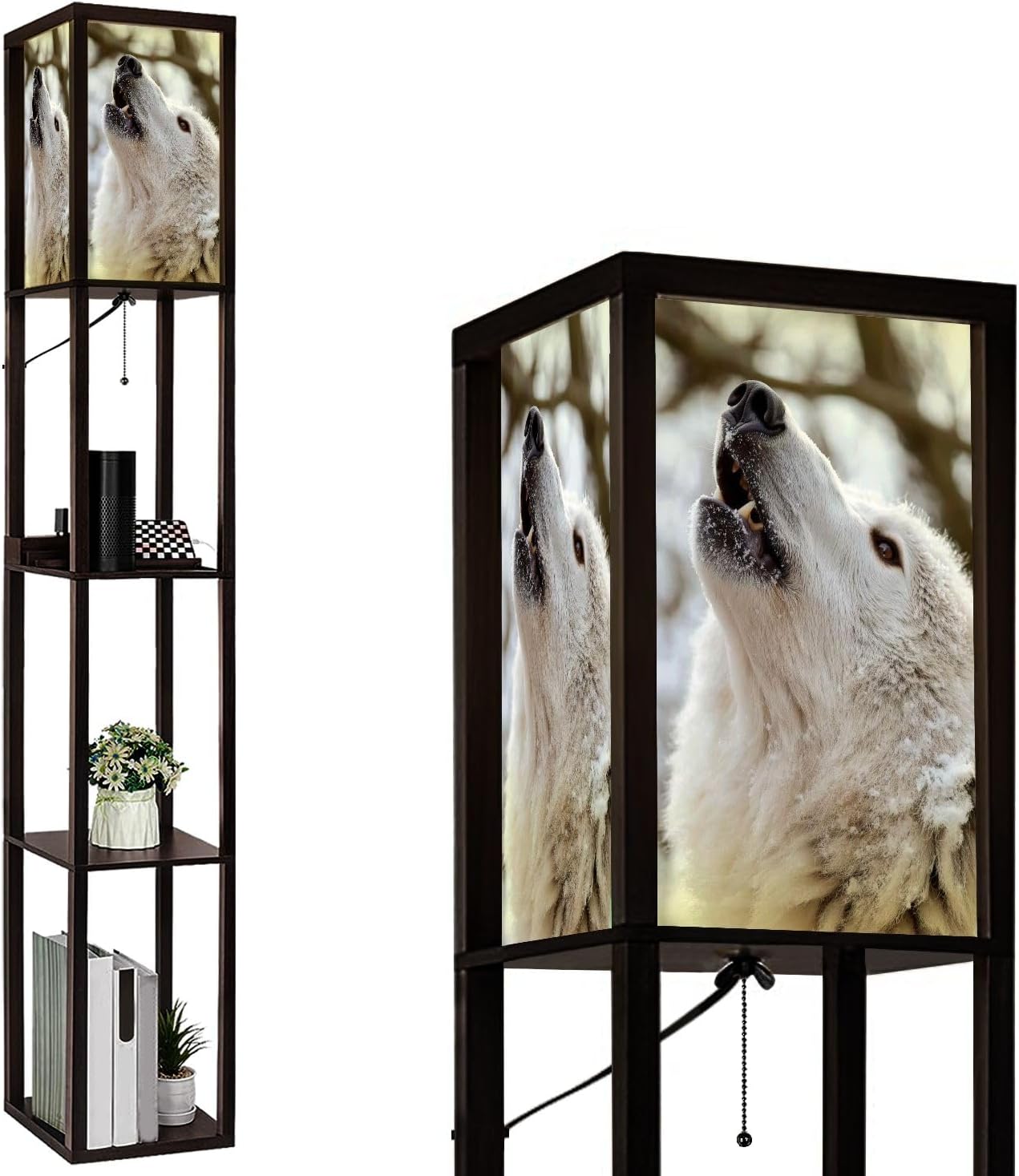 Floor Lamp with Shelves Howling Lupus hudsonicus Standing Tall Lamp USB Ports & Power Outlet Modern Corner Lamp Nightstand Light for Living Room Bedroom