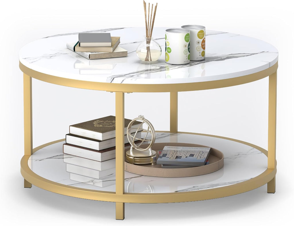 WiberWi Round Coffee Table 33.5' Coffee Tables for Living Room High Glossy Faux White Marble Top Modern Circle Table Sturdy Gold Metal Frame Legs Cocktail Table with Storage Open Shelf