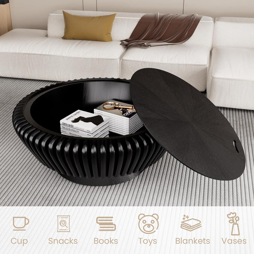 Round Coffee Table with Storage, 35.4' Modern Wooden Drum Coffee Table with Cover, Fluted Circle Center Table, Solid Wood Veneered, Accent Tea Table for Living Room Apartment Small Space (35.4' Black)