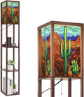 Floor Lamp with Shelves Stained Glass Decor Saguaro Cactus Desert Standing Tall Lamp USB Ports & Power Outlet Modern Corner Lamp Nightstand Light for Living Room Bedroom