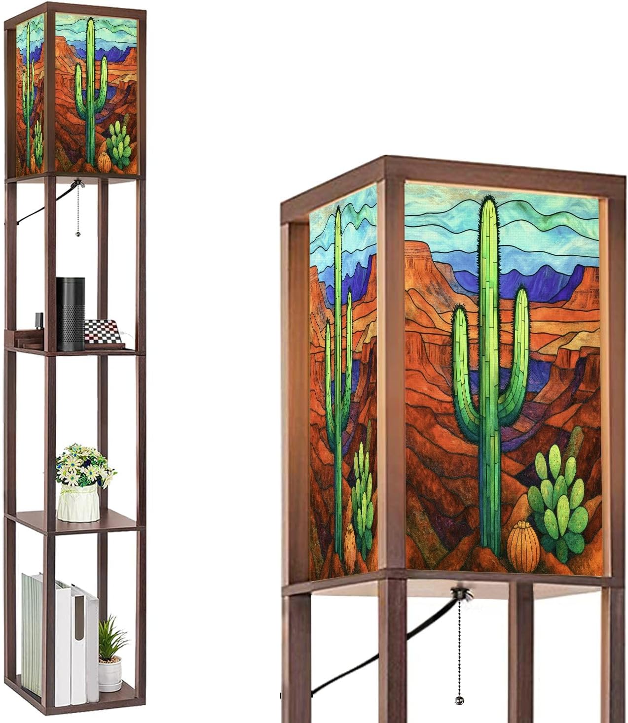 Floor Lamp with Shelves Stained Glass Decor Saguaro Cactus Desert Standing Tall Lamp USB Ports & Power Outlet Modern Corner Lamp Nightstand Light for Living Room Bedroom