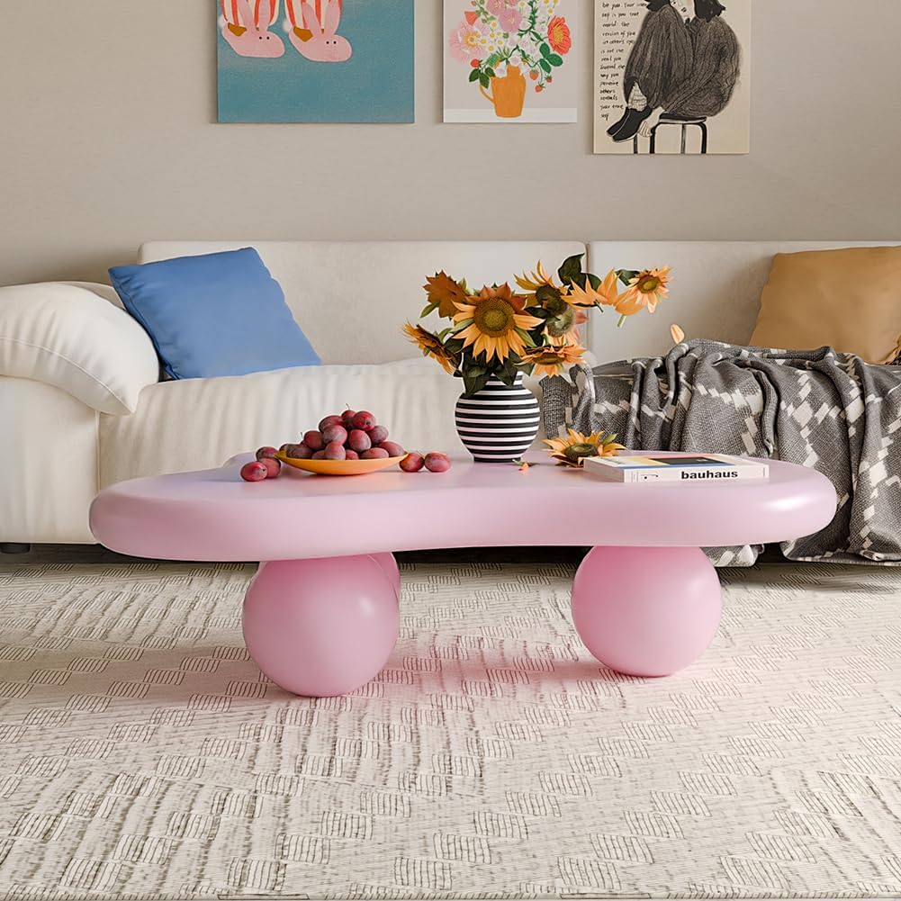 40' Cloud Coffee Table for Living Room Irregular Coffee Table Modern Low Coffee Tables Cute Center Table with 3 Ball Legs for Small Space Apartment Cream Pink
