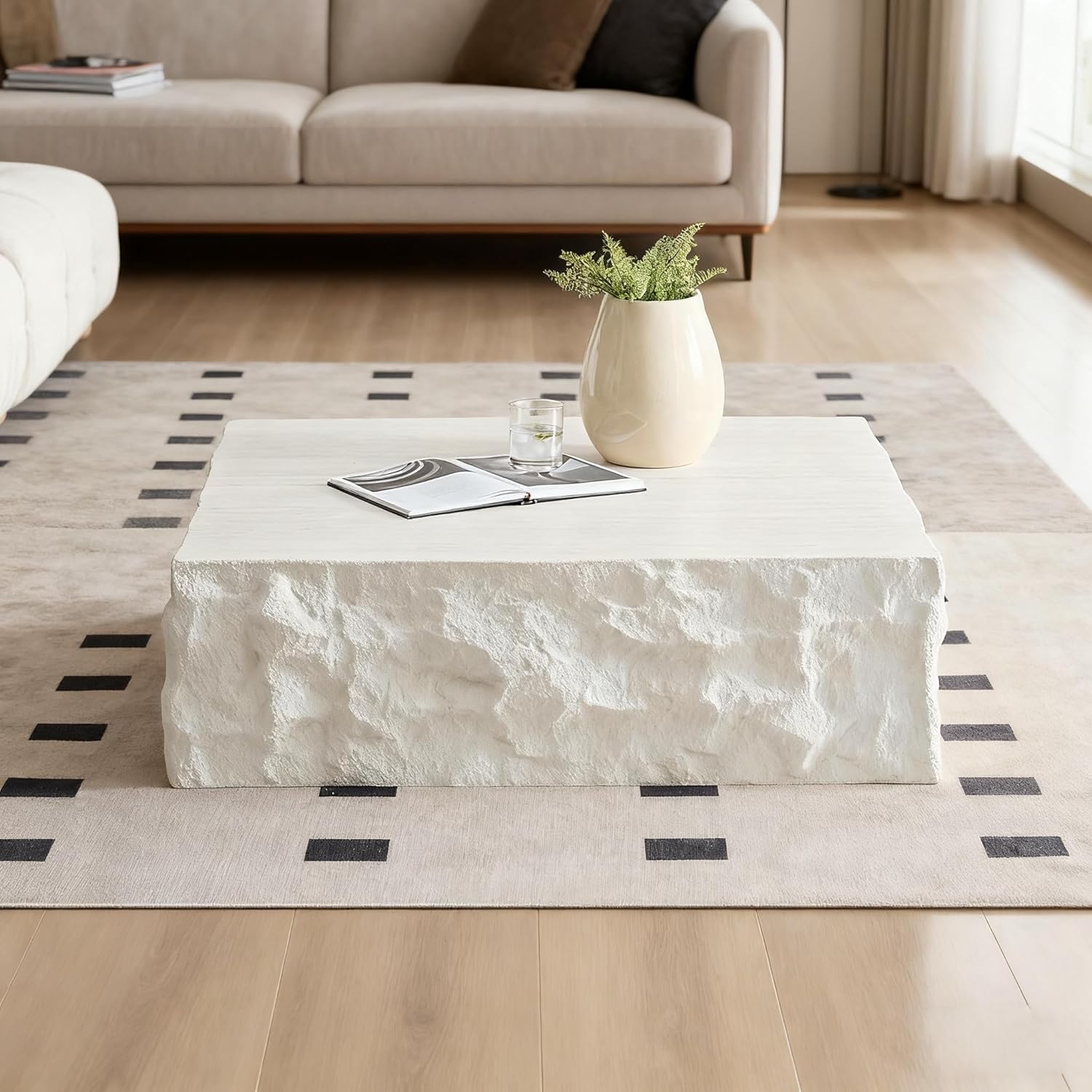 35.43'' Modern Square Coffee Tables for Living Room, Faux Marble Stone Minimalist Side Table, Fiberglass Center Table Accent End Table for Apartment,Office,No Need Assembly,Beige