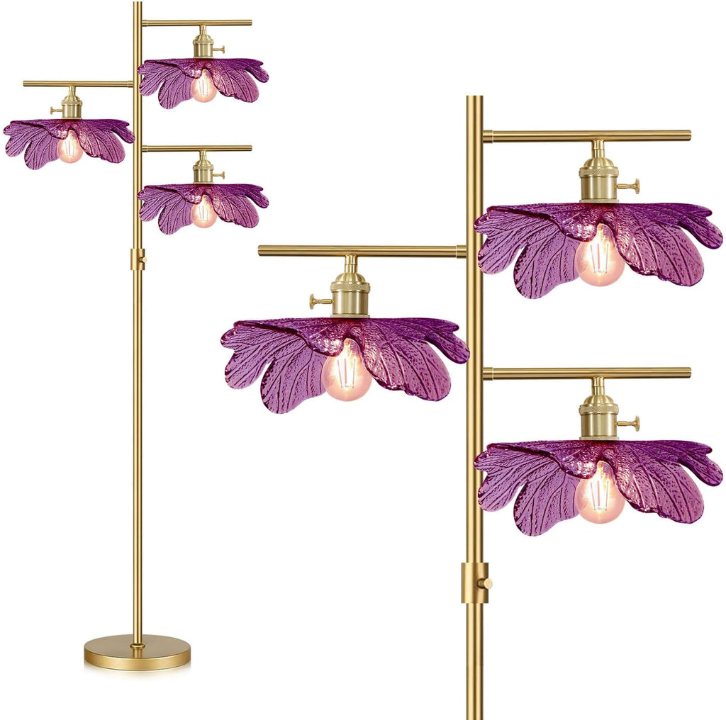 65' Gold Dimmable Floor Lamp, 3-Light Standing Lamp with Purple Flower Glass Shade, Vintage Tall Floor Lamp for Living Room Bedroom Corner Study Office Home