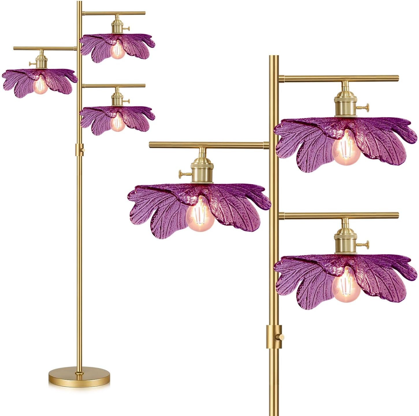 65' Gold Dimmable Floor Lamp, 3-Light Standing Lamp with Purple Flower Glass Shade, Vintage Tall Floor Lamp for Living Room Bedroom Corner Study Office Home