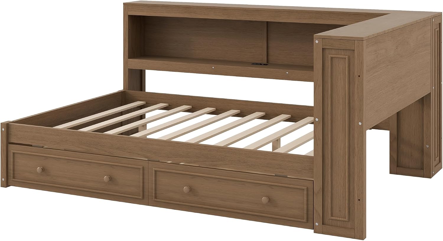 Full Size Daybed with Storage Drawers and Shelves,Antique Wood | Convertible Headboard,Pine Wood Corner Bed,Charging Station,LED Lights,Kids Boys Girls Teens