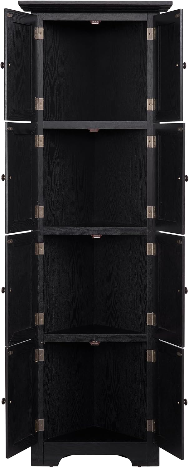 Tall Corner Bookcase Storage Cabinet with Doors and 4 Shelves, Freestanding Triangle Cabinet for Living Room, Kitchen, Office, Small Space, Floor Corner Storage Rack (Black2)